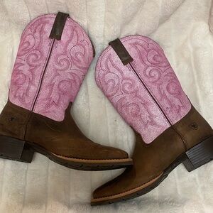 Ariat Pink and Brown Western Cowboy Boots with Floral Stitching